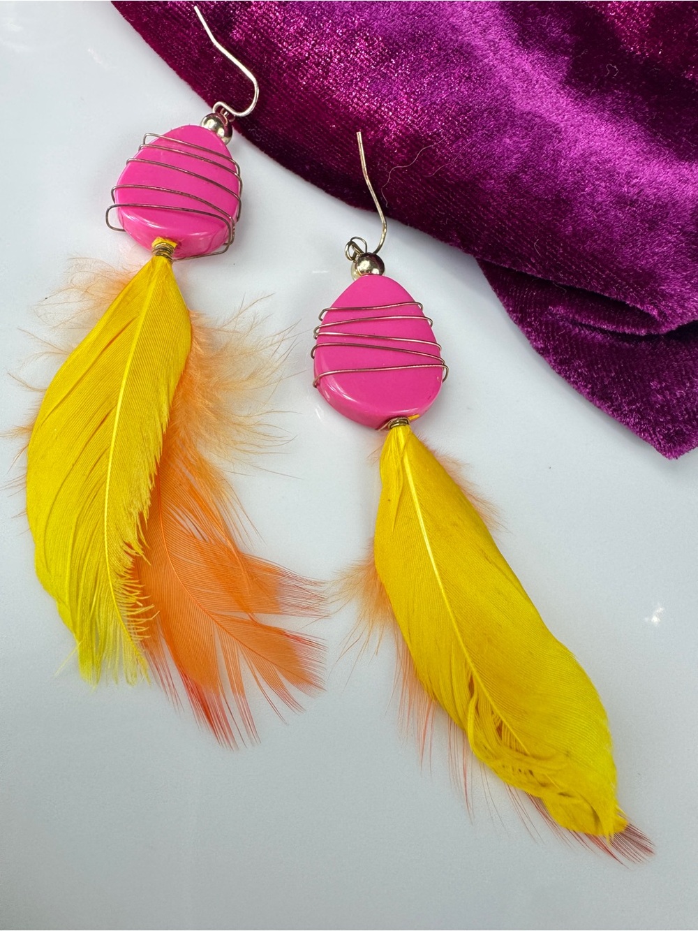 Funky Orange & Yellow Feather Drop Earrings
